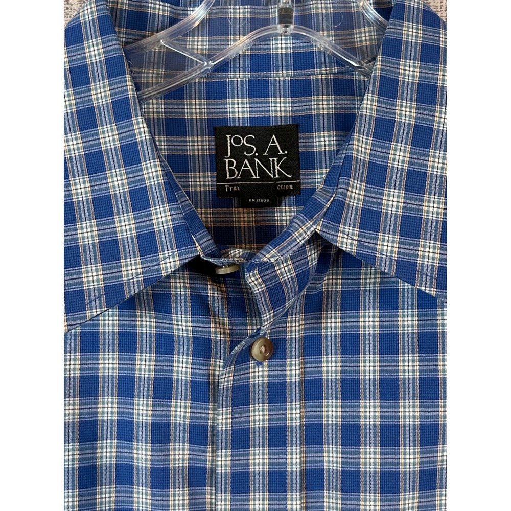 Jos. A. Bank Travelers Collection Mens Large Blue Plaid Button Down Shirt Preppy